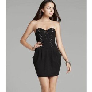 Guess Strapless Black Mini Dress Studded Size 8 Pockets Punk Goth Clubbing